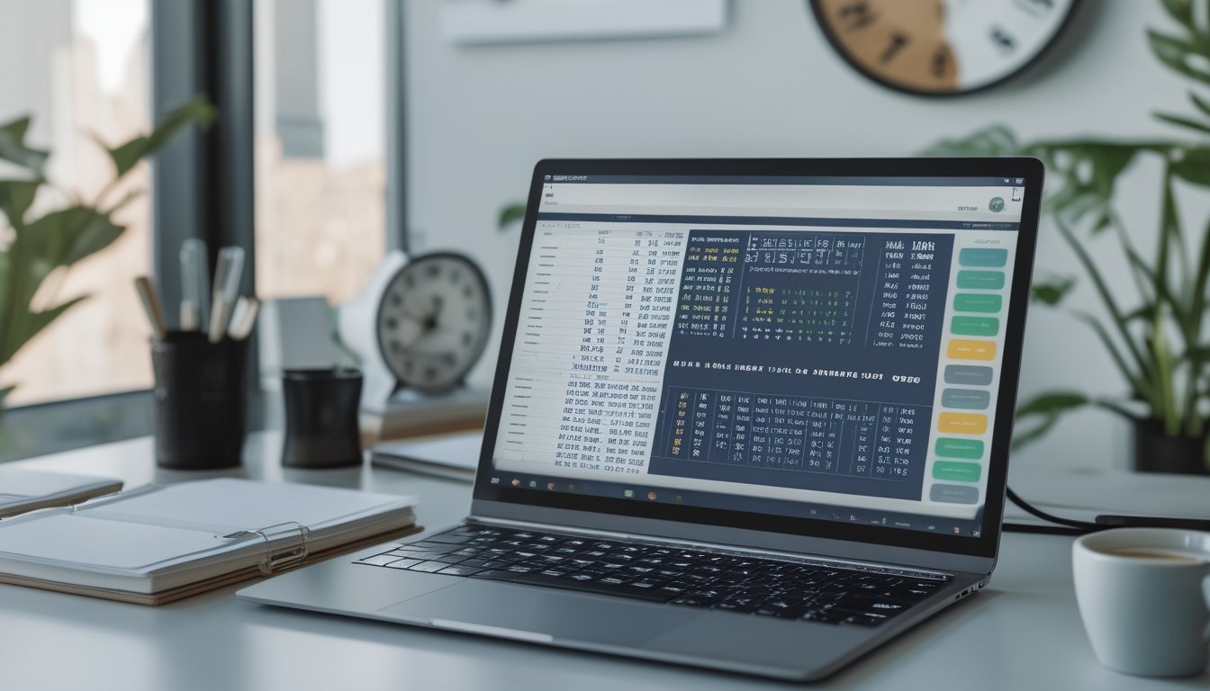 Seseorang sedang menganalisis data angka togel di depan laptop di meja kerja yang rapi dengan alat tulis dan kopi.