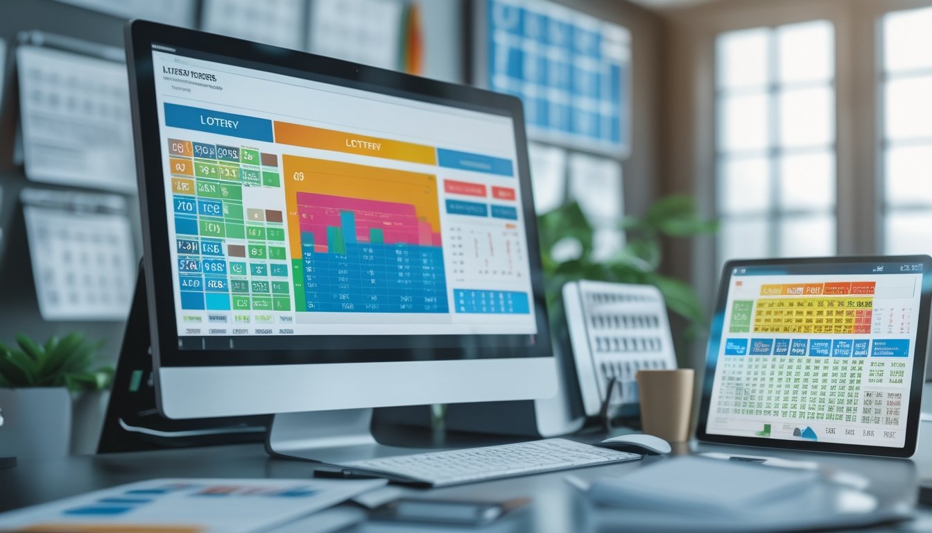 Suasana kantor modern dengan komputer menampilkan grafik dan data angka togel, dokumen tertata rapi, dan suasana kerja yang terorganisir.