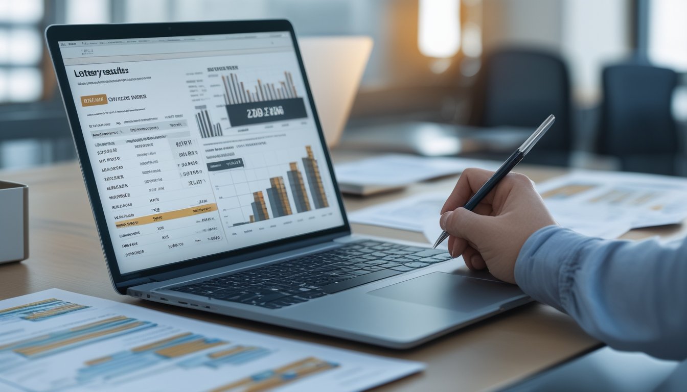 Seseorang sedang menganalisis data angka dan grafik pada layar laptop di meja kerja yang rapi.