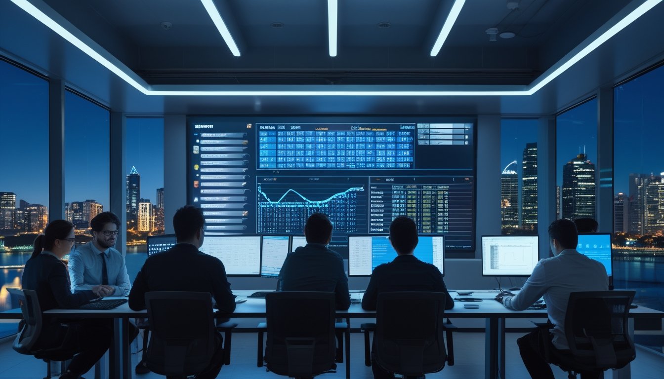 Sekelompok profesional sedang menganalisis data hasil undian malam hari di kantor dengan pemandangan kota Sydney di malam hari melalui jendela besar.