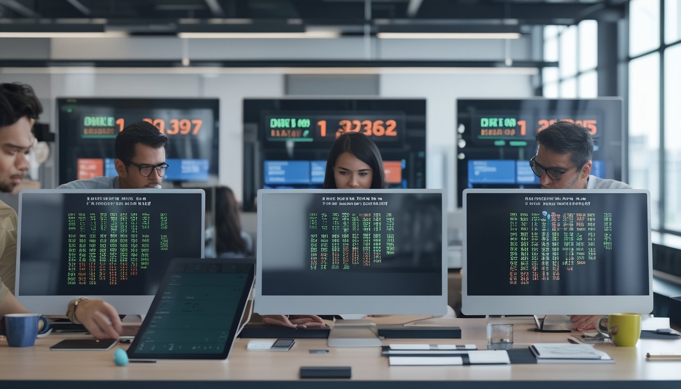 Orang-orang di ruang kantor modern sedang melihat layar komputer besar yang menampilkan data dan angka secara fokus.