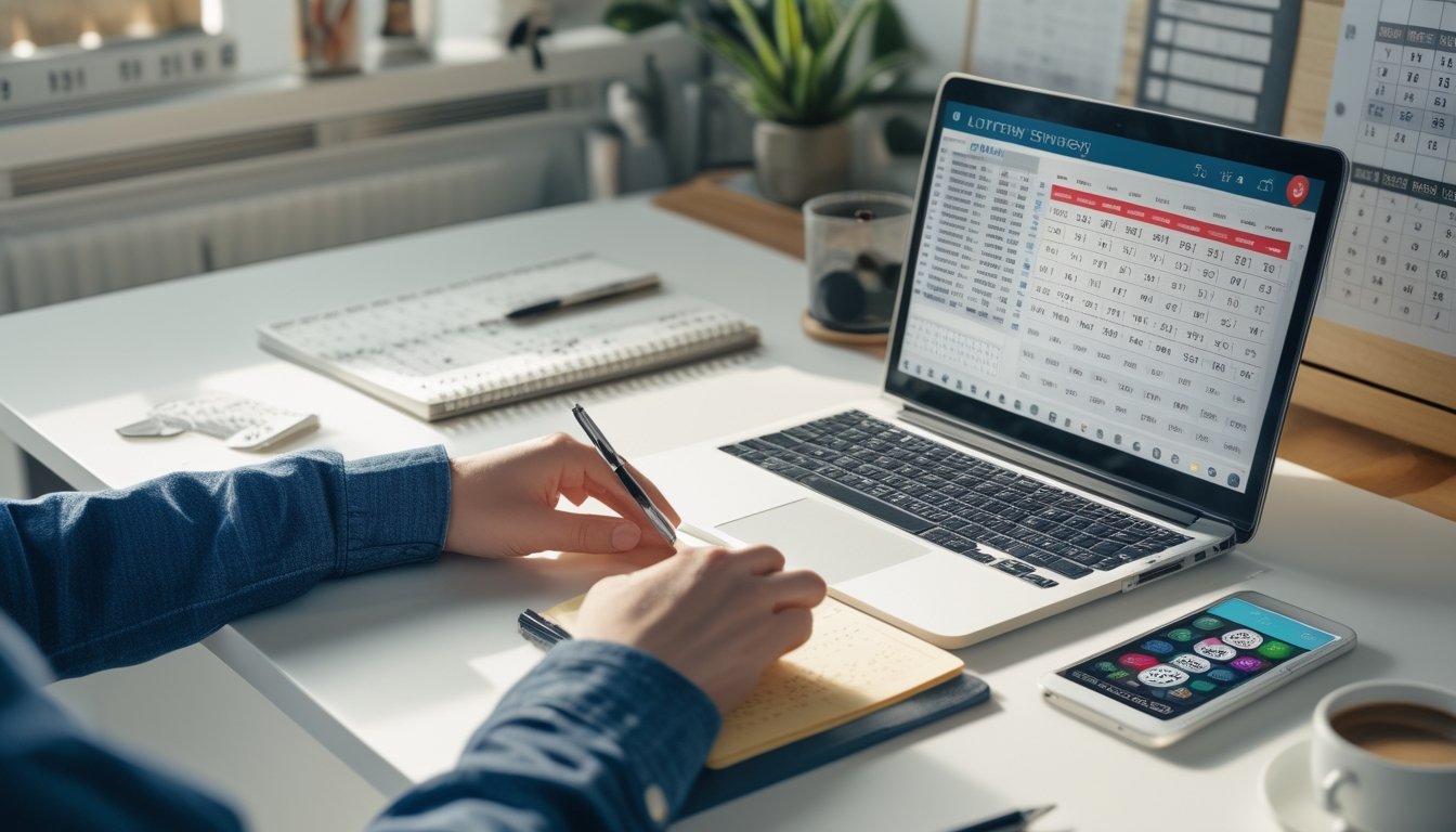 Meja kerja modern dengan laptop, buku catatan, dan ponsel yang menampilkan data angka dan grafik, suasana fokus dan perencanaan strategi.