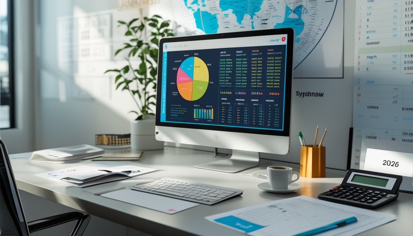 Meja kerja modern dengan komputer yang menampilkan grafik dan data angka lotere, dilengkapi kalkulator dan secangkir kopi di sampingnya.
