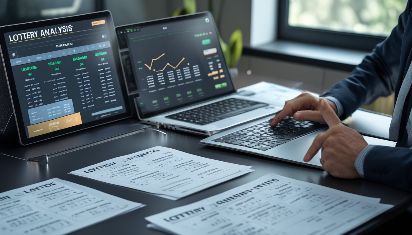 Meja kerja modern dengan perangkat digital dan kertas berisi angka dan grafik, seseorang sedang menganalisis data togel.
