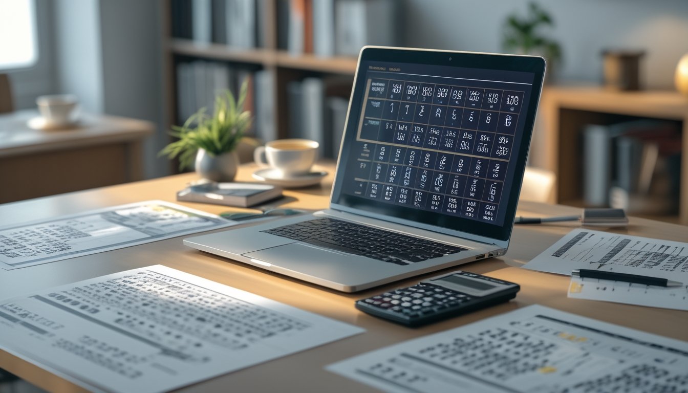 Meja kerja modern dengan laptop, kertas berisi angka dan rumus, kalkulator, dan pena yang menunjukkan suasana analisis angka togel.