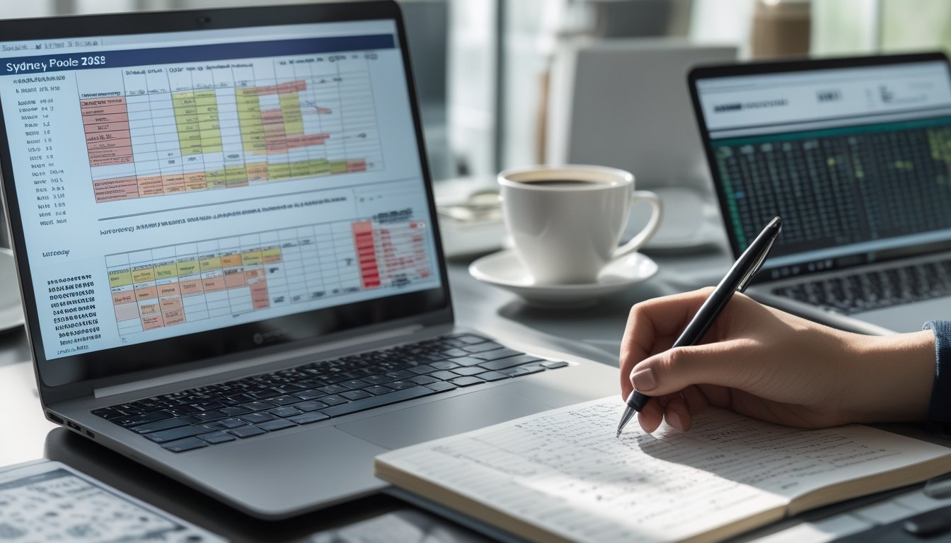 Sebuah meja kerja modern dengan laptop menampilkan grafik dan angka togel, tangan memegang pena sedang menulis di buku catatan, di latar belakang suasana kantor yang terang dan rapi.