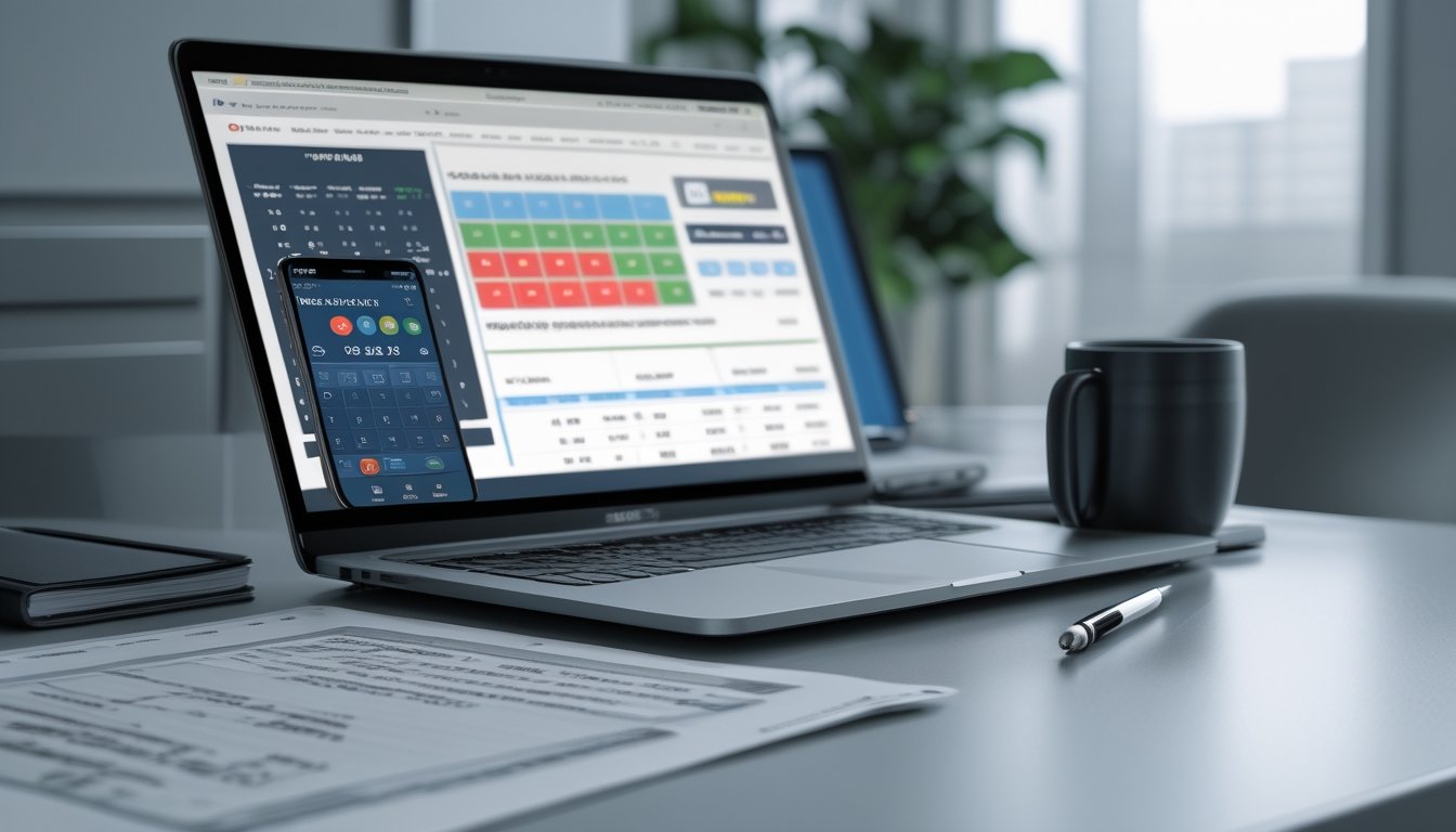 Meja kerja dengan laptop, ponsel, dan kertas berisi data angka untuk prediksi togel Sydney.