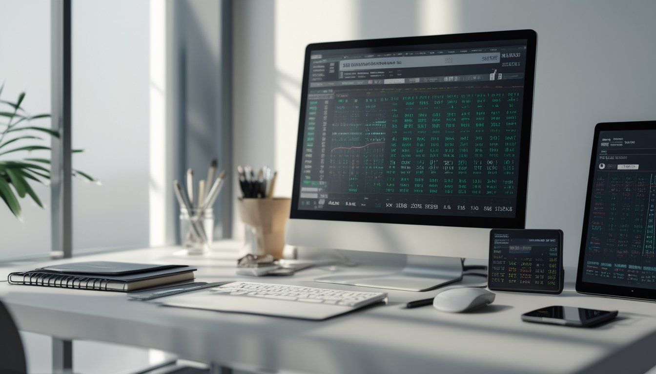 Meja kerja modern dengan komputer menampilkan data angka dan grafik prediksi togel Singapore, dikelilingi alat tulis dan ponsel.