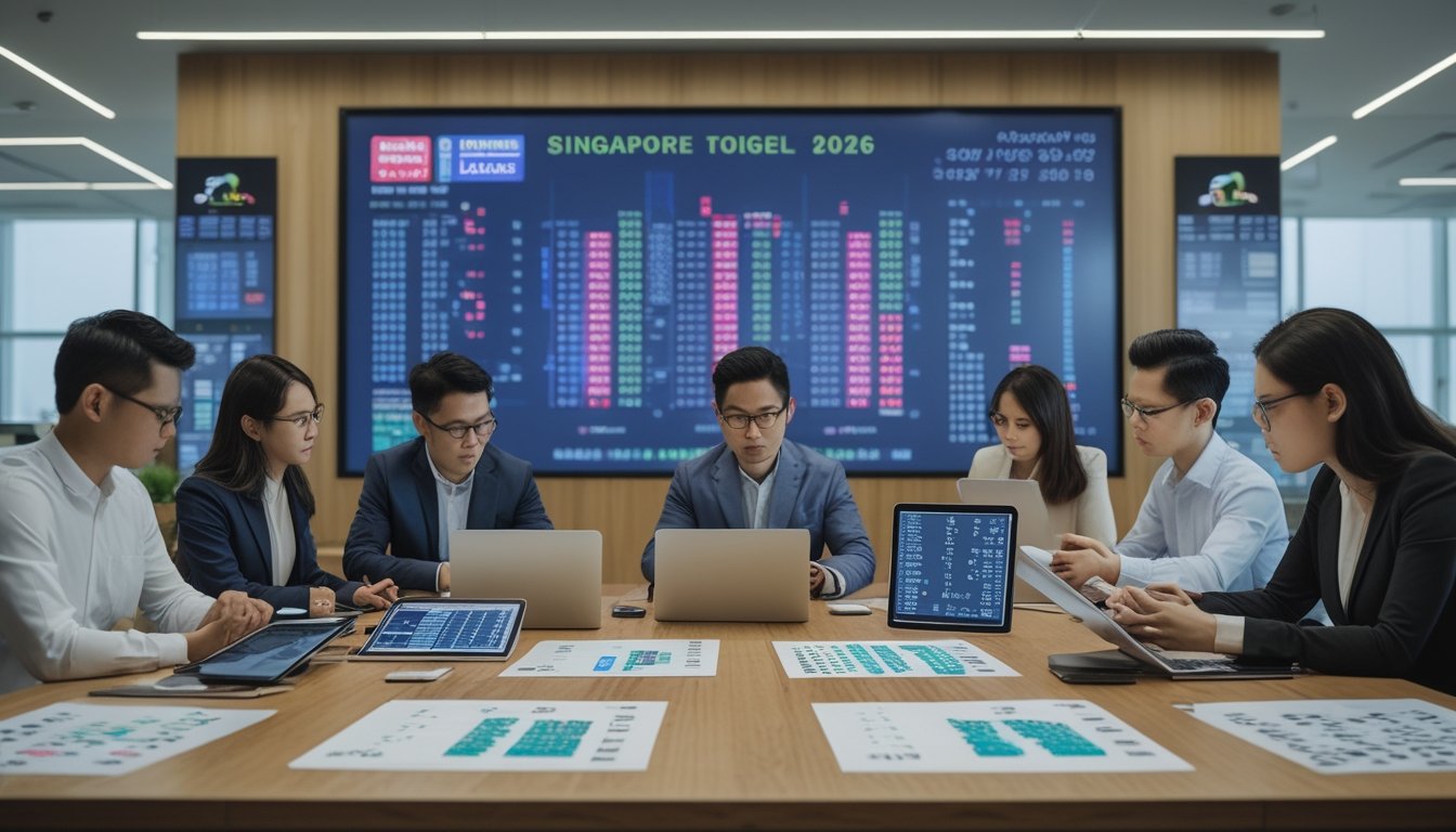 Sekelompok profesional sedang bekerja bersama di kantor modern dengan perangkat digital dan grafik angka di layar besar, fokus pada analisis data togel Singapore.