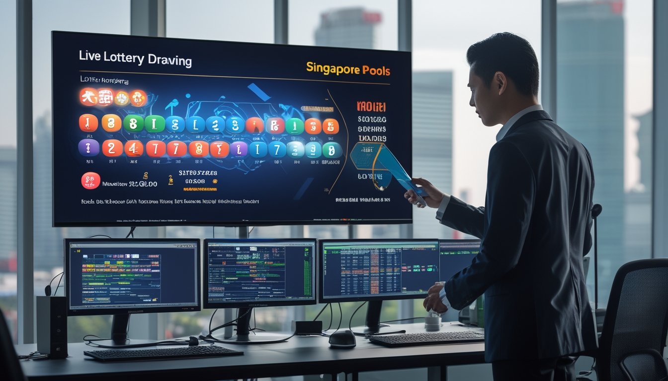Seorang profesional sedang menganalisis hasil undian togel Singapore di ruang kerja modern dengan layar digital dan pemandangan kota Singapore di latar belakang.
