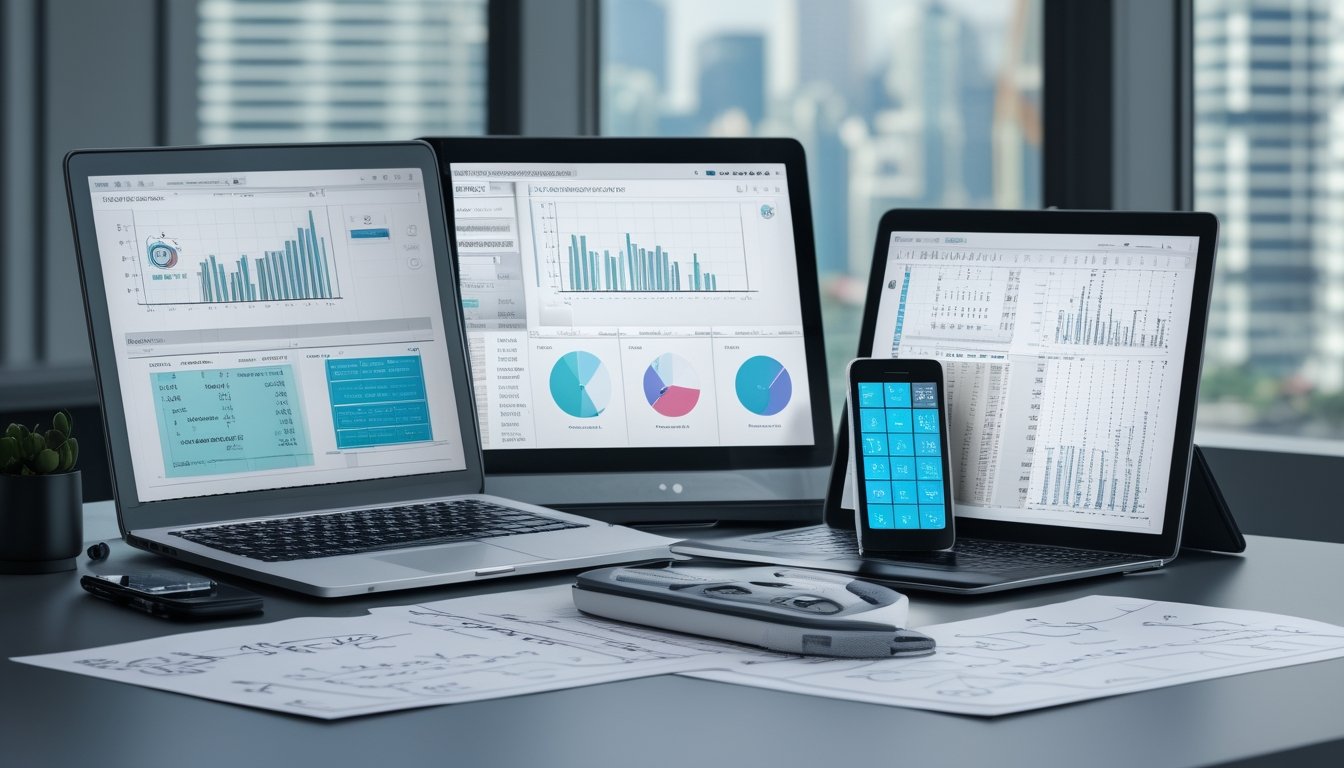 Meja kerja modern dengan laptop, tablet, dan ponsel yang menampilkan grafik dan data angka, serta kertas dengan catatan dan rumus, di depan jendela dengan pemandangan kota.