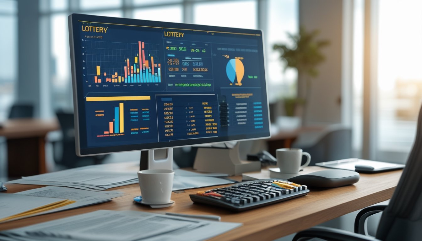 Meja kerja modern dengan komputer menampilkan grafik dan data angka, dokumen rapi, kalkulator, dan secangkir kopi di ruang kantor yang terang.