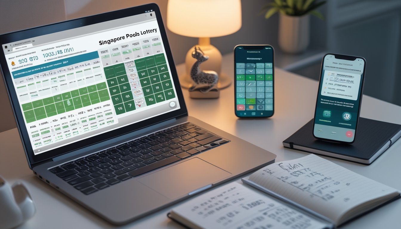 Meja kerja modern dengan laptop, ponsel, dan catatan yang menunjukkan analisis dan strategi untuk permainan togel Singapore Pools.