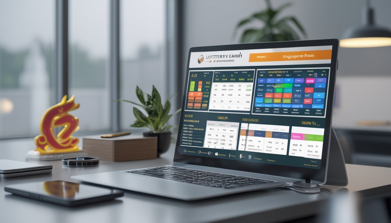 Meja kerja modern dengan perangkat digital yang menampilkan grafik dan angka untuk analisis permainan togel, dengan hiasan simbol shio di latar belakang.