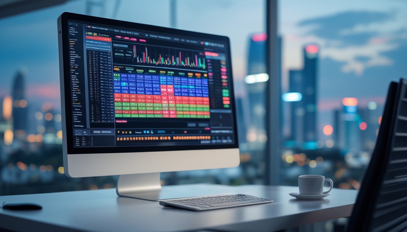 Sebuah ruang kerja modern dengan monitor komputer menampilkan data angka dan grafik hasil lotere secara real-time, dengan latar belakang pemandangan kota malam hari.