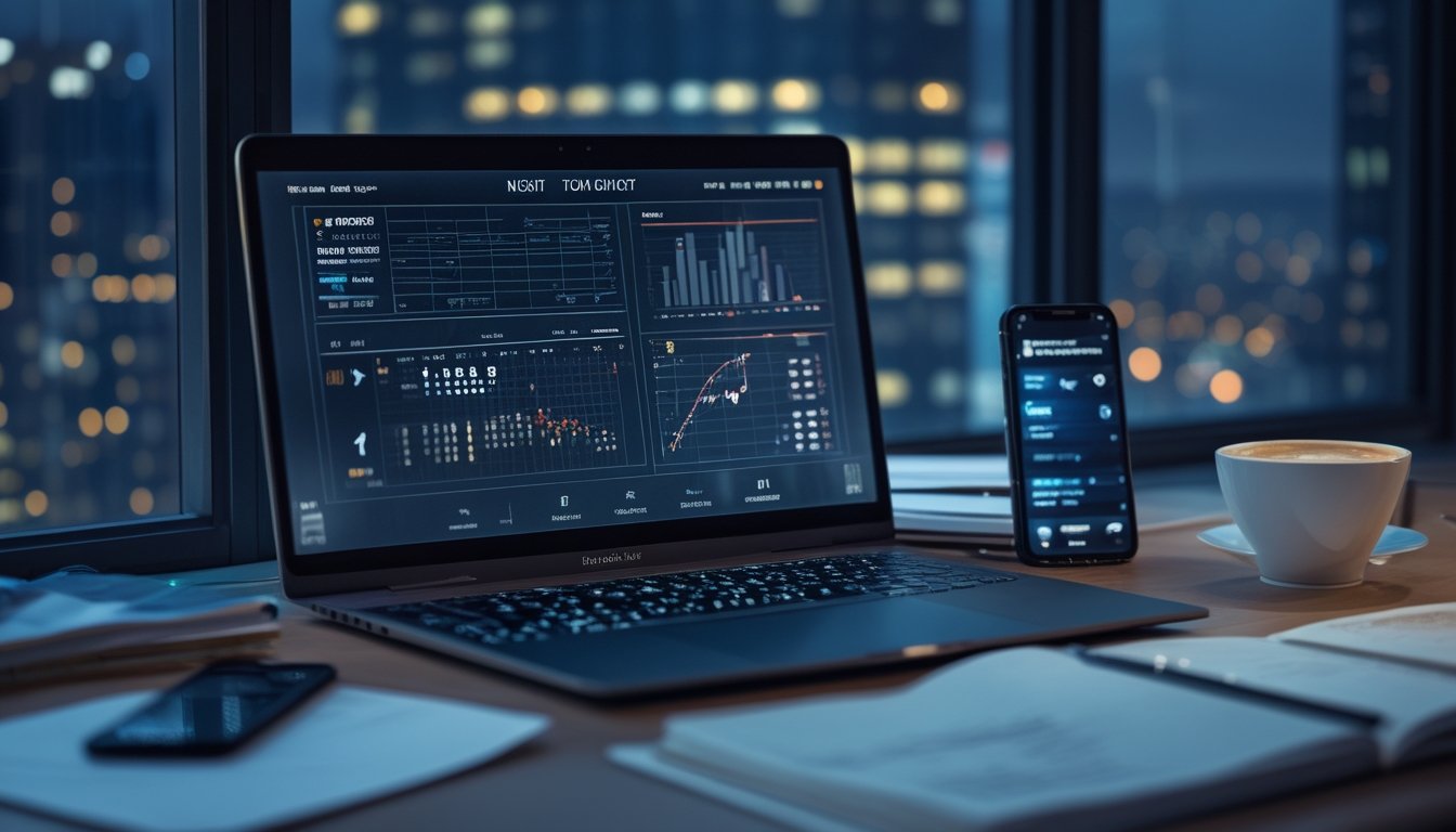 Meja kerja modern dengan laptop menampilkan grafik dan data, cangkir kopi, dan ponsel dengan latar belakang pemandangan kota malam hari.