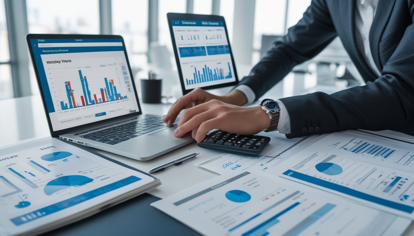 Meja kerja modern dengan perangkat digital dan dokumen angka, seseorang sedang menganalisis data dengan fokus.