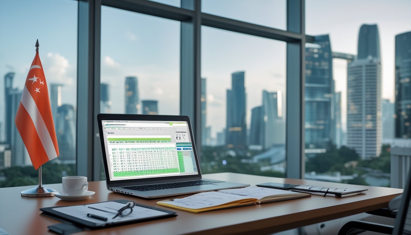 Sebuah ruang kerja dengan meja kayu, laptop menampilkan grafik dan angka, serta pemandangan kota Singapura di jendela.