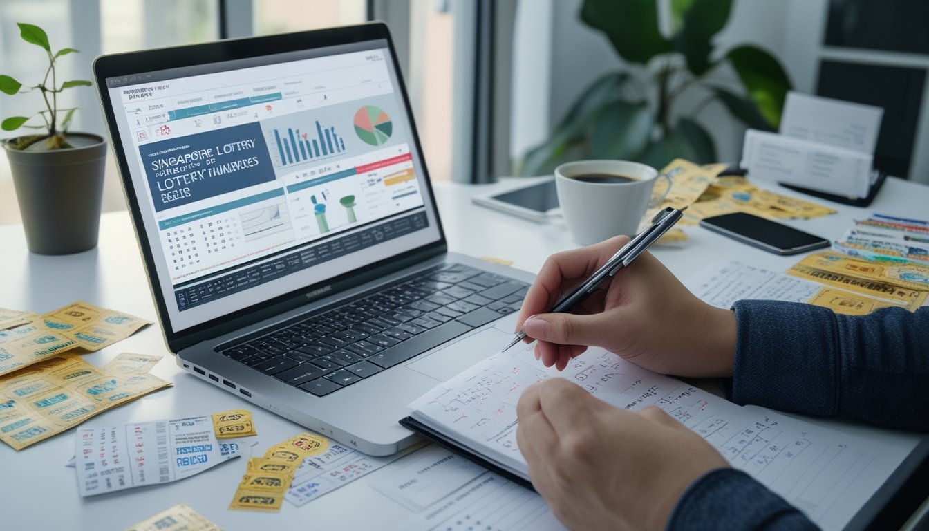 Meja kerja dengan laptop, catatan, tiket lotre, dan ponsel yang menampilkan kalender, menggambarkan aktivitas analisis prediksi hasil lotre Singapura untuk hari ini dan besok.