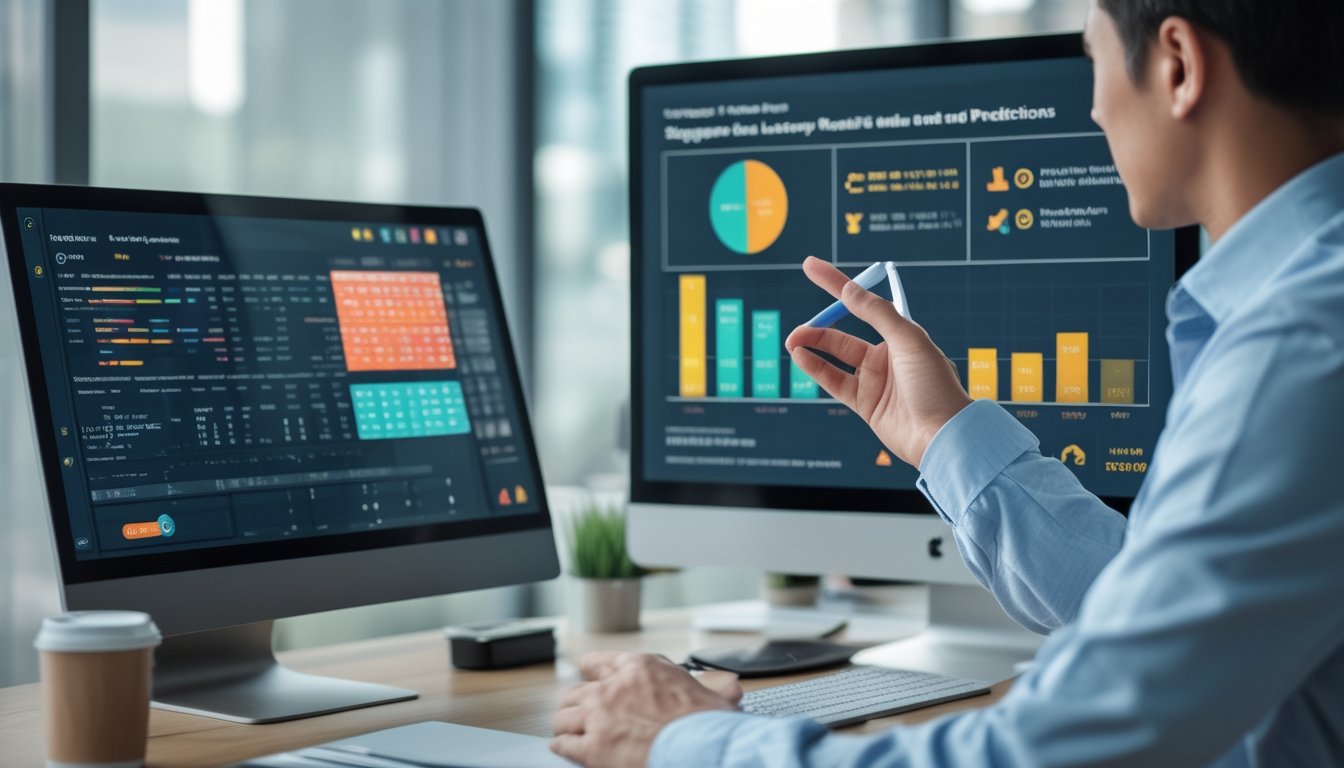 Seorang profesional sedang menganalisis data angka pada layar komputer di ruang kerja modern.