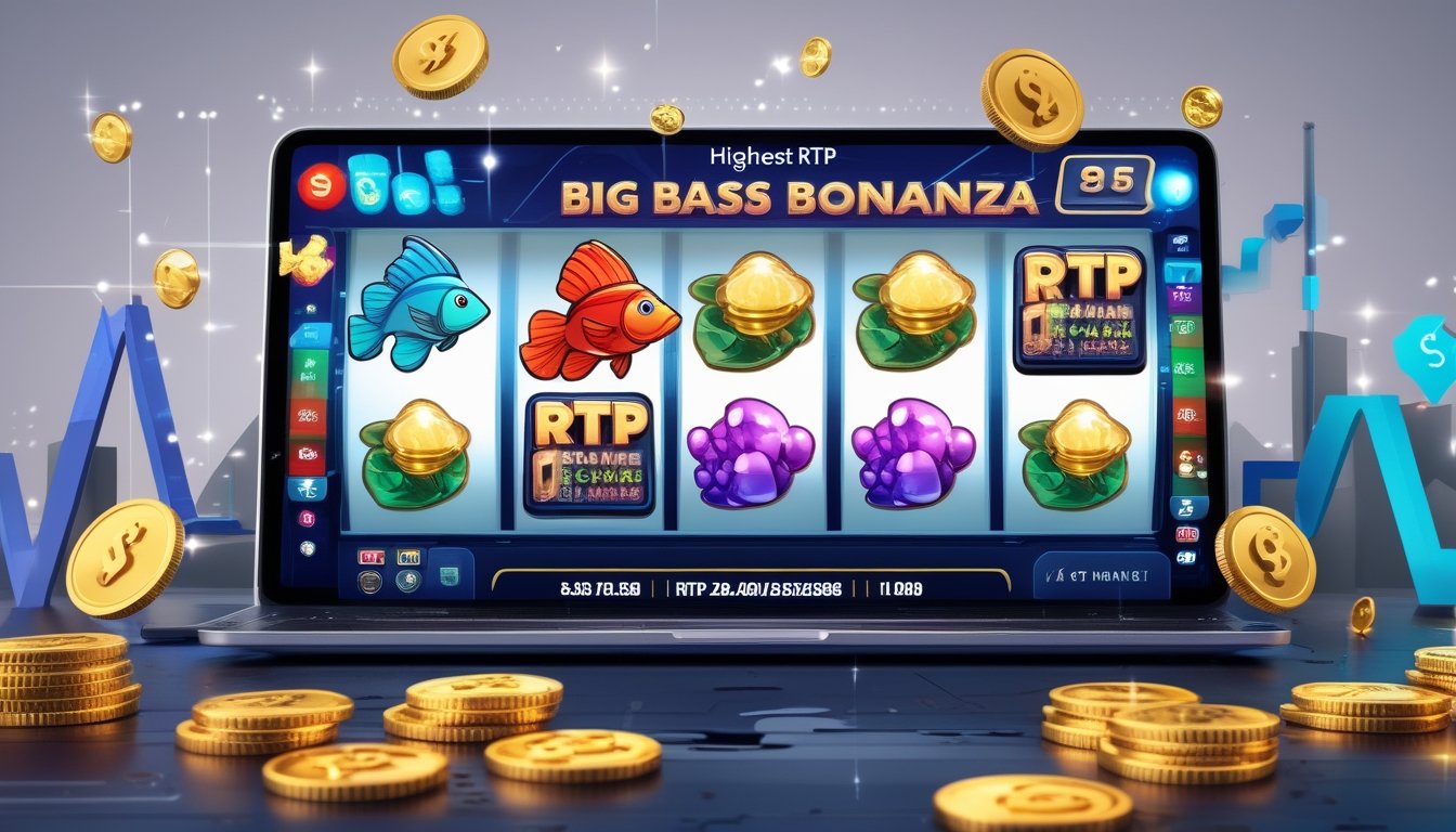 Layar perangkat menampilkan permainan slot online dengan tema ikan dan simbol scatter, dikelilingi oleh koin emas dan grafik RTP.