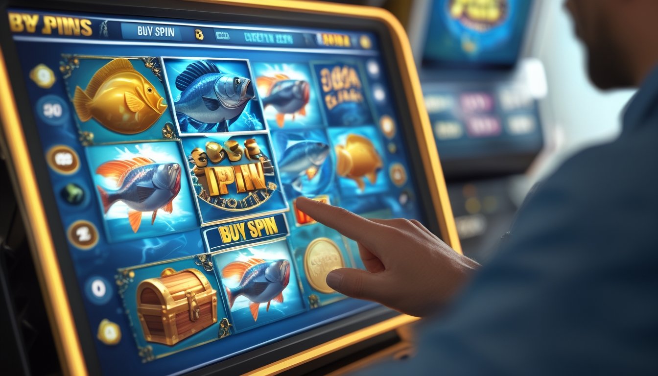 Tampilan layar permainan slot online bertema memancing dengan simbol ikan bass besar dan seseorang sedang menekan tombol pada layar sentuh.