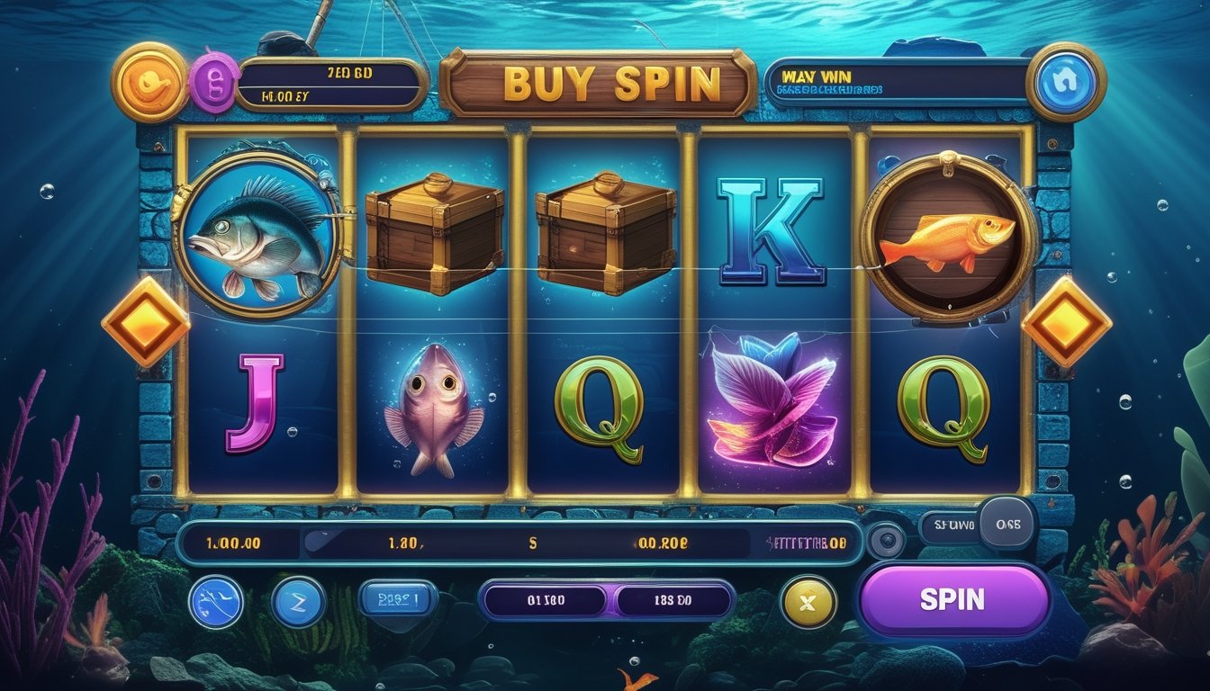 Tampilan mesin slot digital bertema memancing dengan simbol ikan bass besar dan hiasan bawah air.