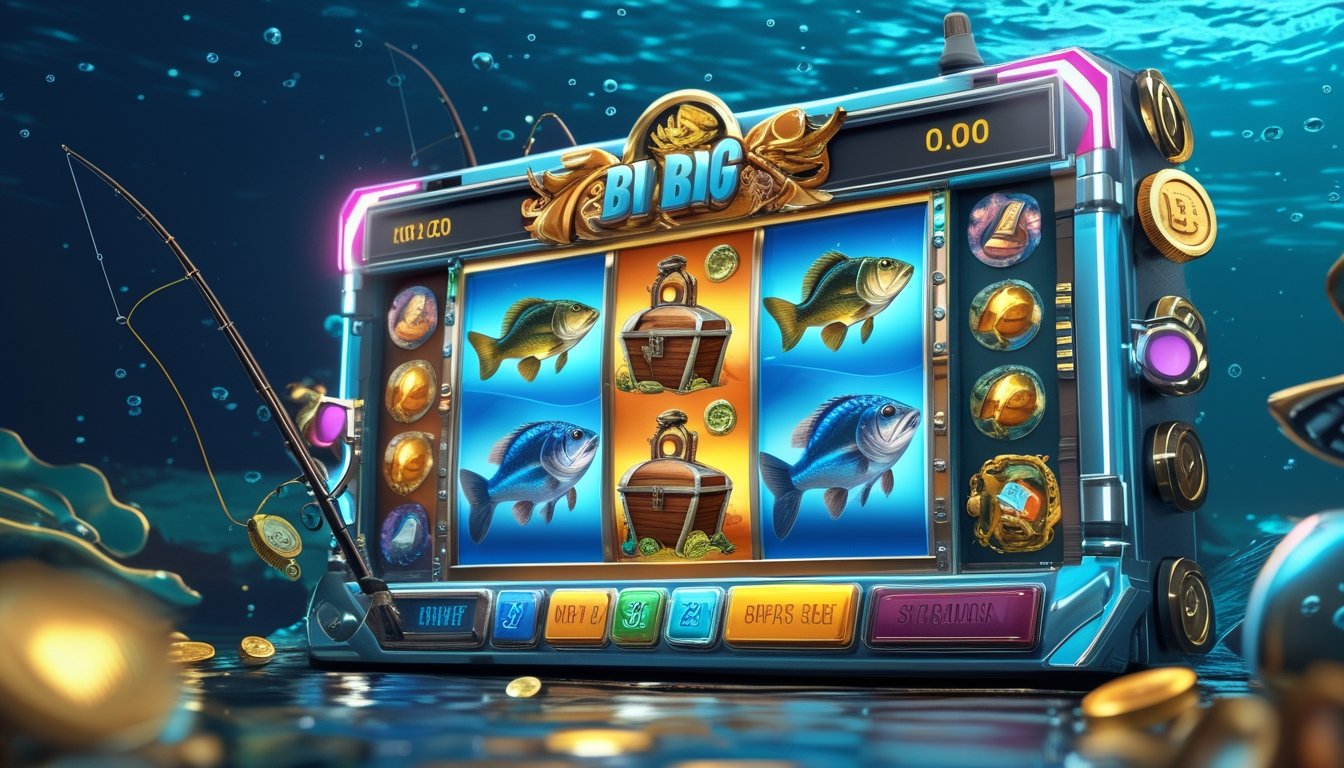 Mesin slot digital dengan tema memancing, menampilkan ikan bass besar dan simbol harta karun di latar bawah air yang jernih.