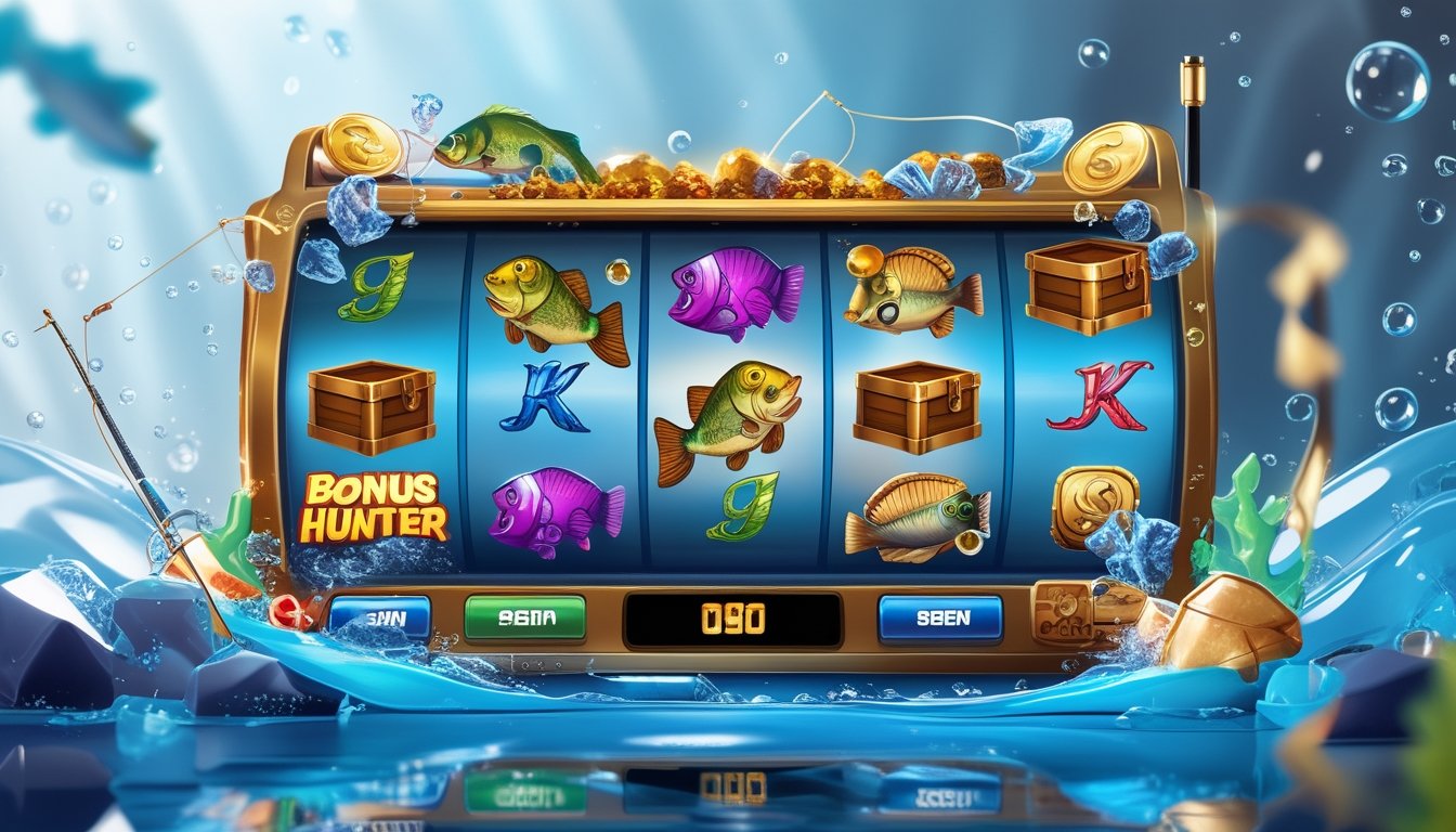 Tampilan layar mesin slot online bertema memancing dengan simbol ikan besar, alat pancing, dan ikon bonus di latar bawah laut.