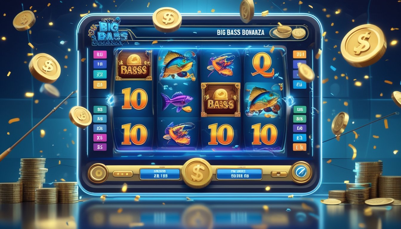 Tampilan mesin slot digital dengan simbol ikan bass besar, koin emas, dan alat pancing di latar biru bertema bawah laut.