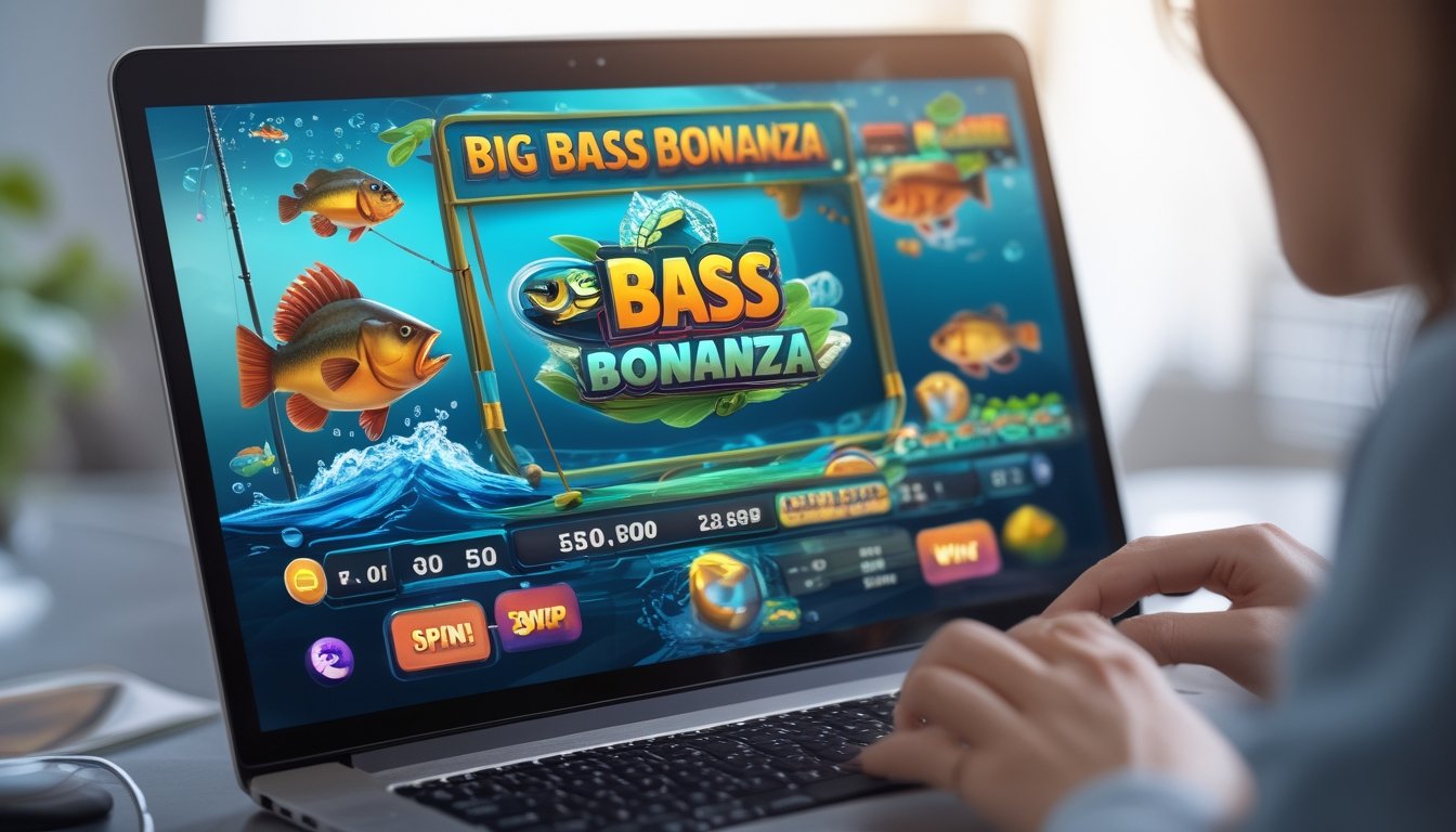 Seseorang bermain permainan slot online bertema memancing di komputer dengan gambar ikan bass besar dan elemen air di layar.