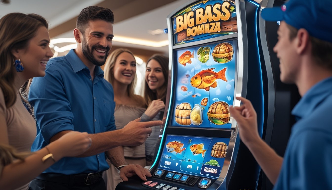 Beberapa orang bermain mesin slot dengan tema memancing di kasino, menunjukkan ekspresi antusias dan fokus.