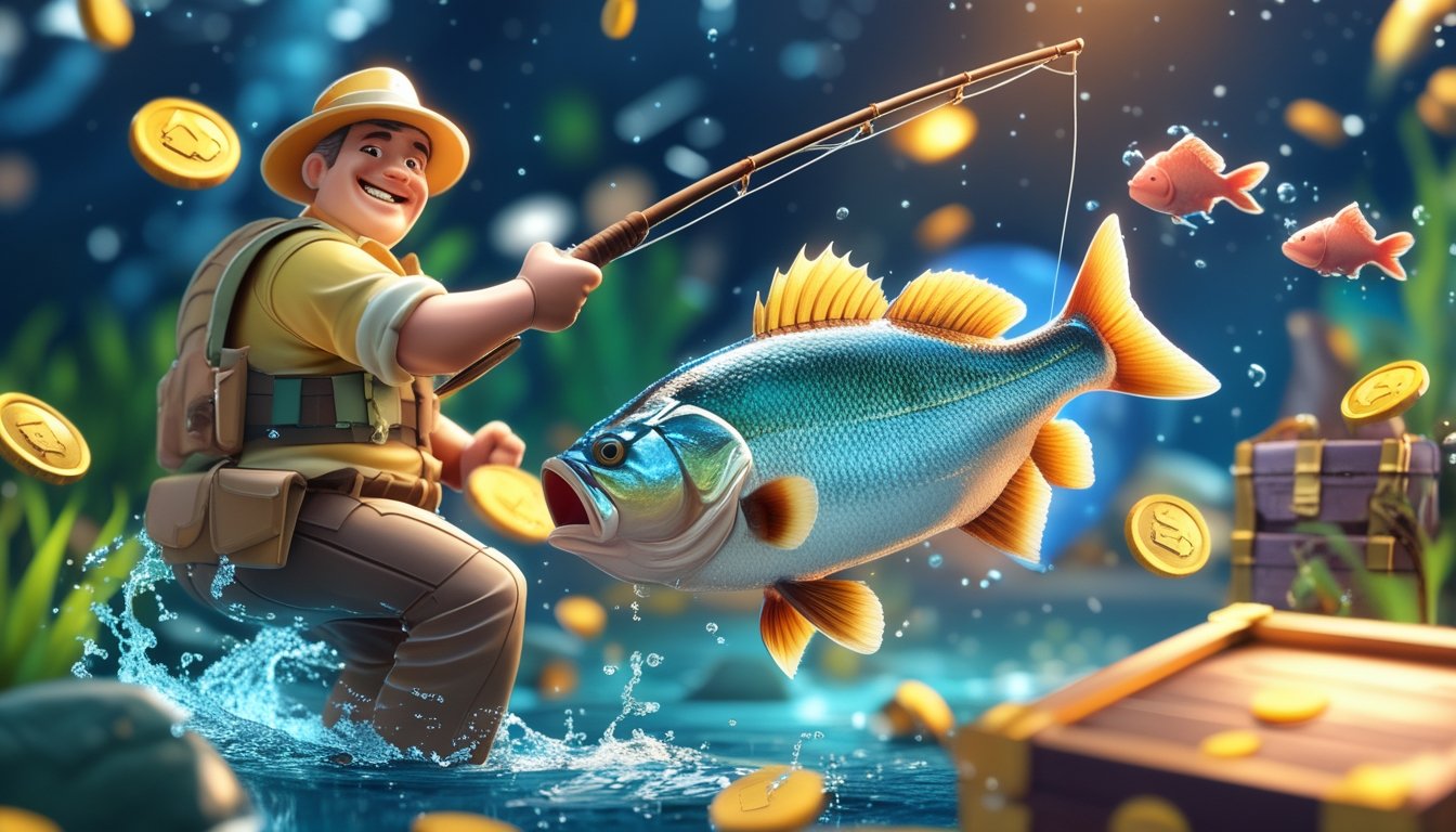 Seorang nelayan ceria sedang memancing ikan bass besar di air yang berkilauan dengan latar belakang simbol jackpot dan koin.