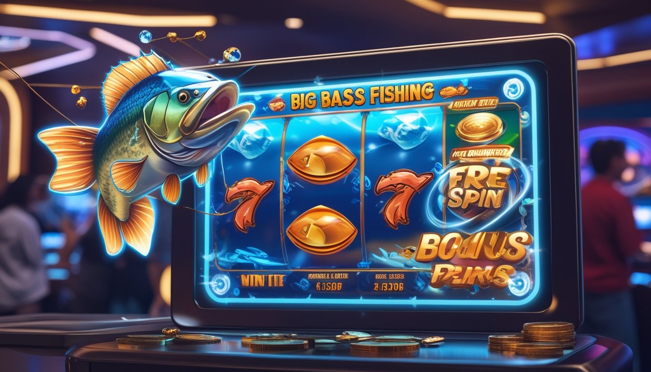Layar mesin slot digital dengan simbol ikan bass besar dan koin, di latar belakang suasana kasino yang ramai.