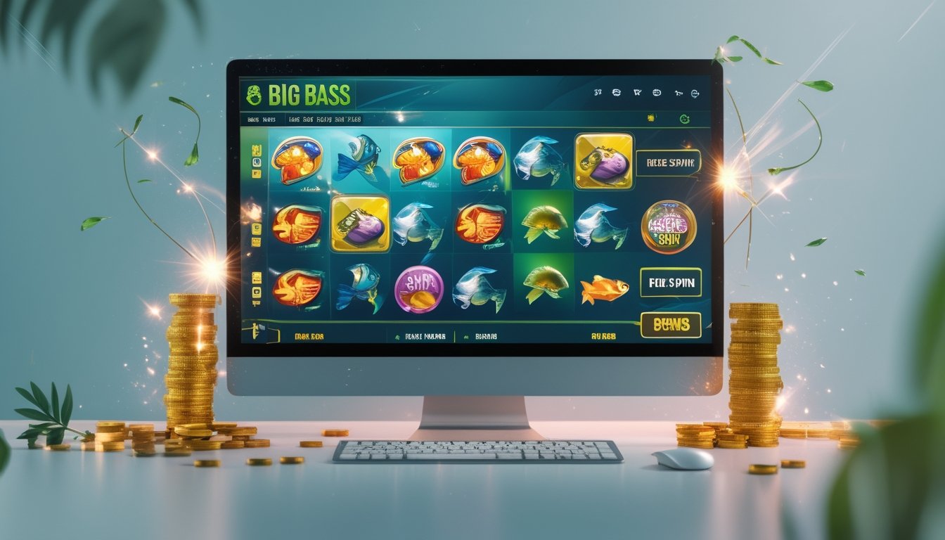 Seorang pemain menggunakan komputer dengan tampilan permainan slot bertema memancing ikan bass besar, dikelilingi oleh koin dan efek cahaya yang menunjukkan bonus dan putaran gratis.