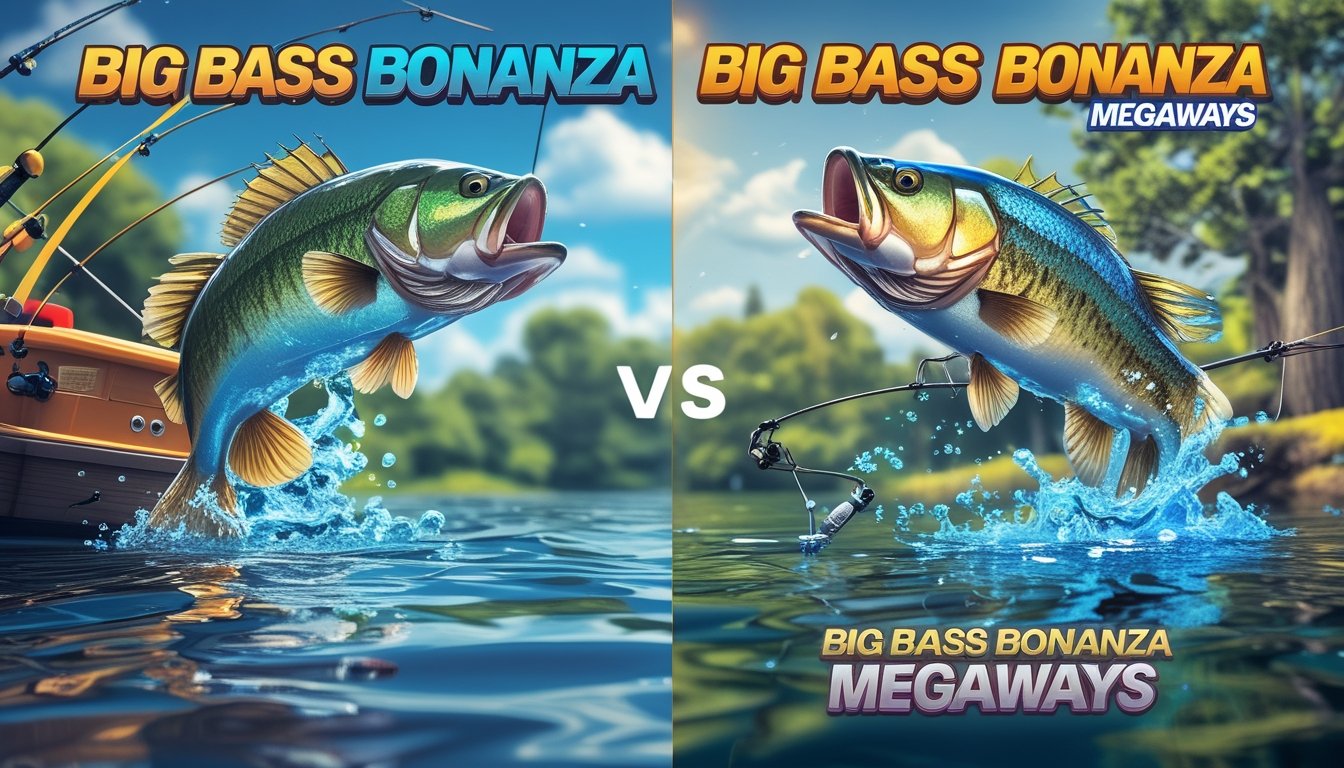 Pemandangan danau dengan ikan bass besar yang melompat dan alat pancing di kedua sisi, menggambarkan perbandingan dua permainan bertema memancing.
