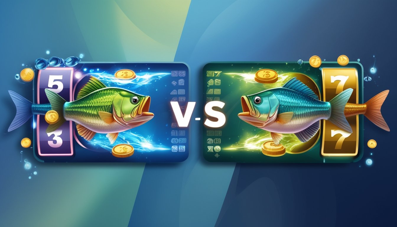 Dua gulungan mesin slot dengan ikon ikan bass berwarna cerah berdampingan di atas latar belakang berwarna biru dan hijau dengan efek air dan koin.