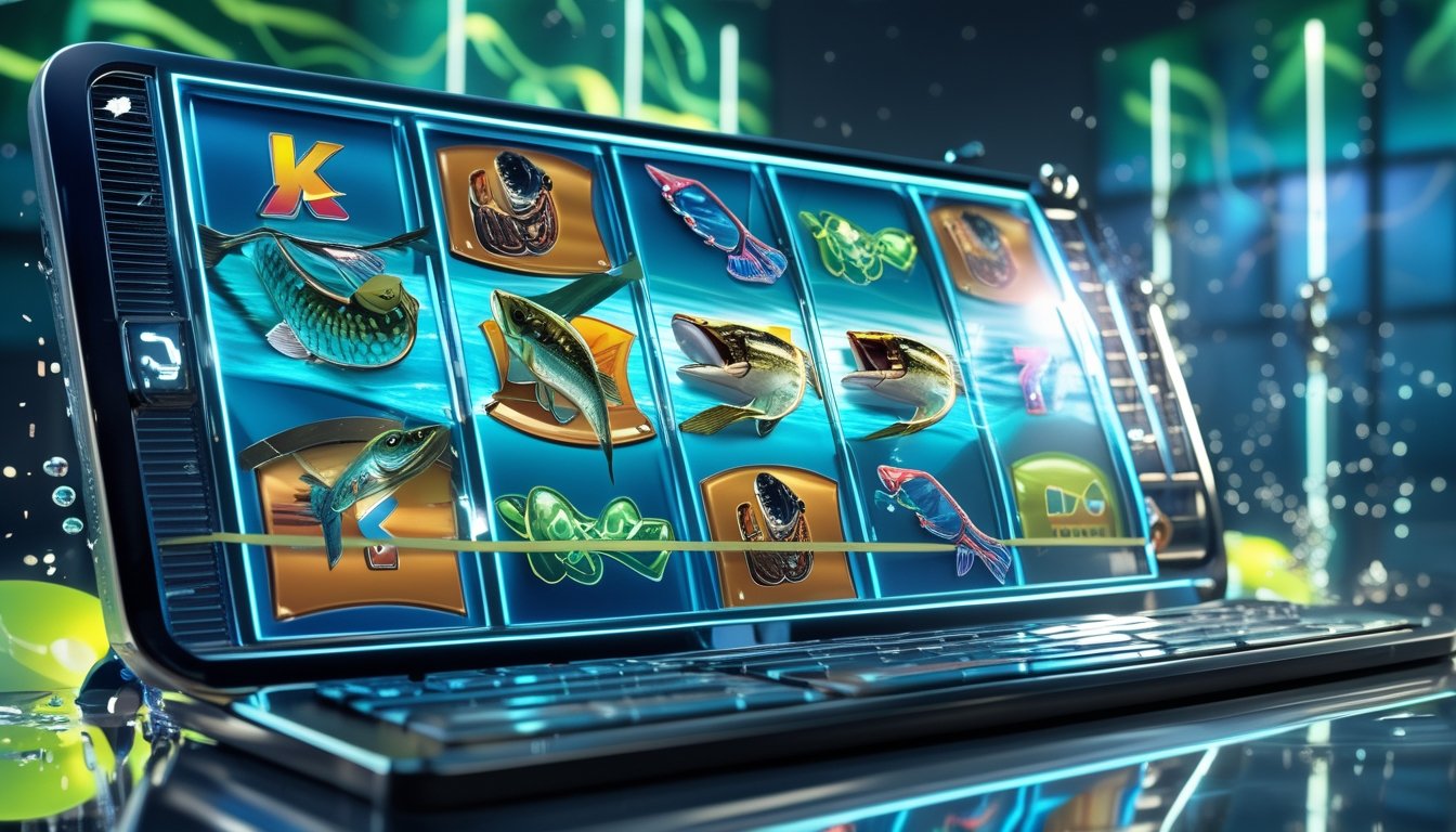 Layar mesin slot digital dengan simbol ikan bass dan alat pancing di latar air biru dan hijau.