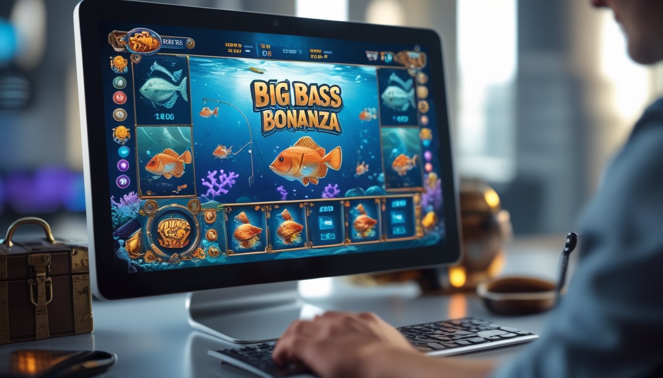 Layar perangkat menampilkan permainan slot online dengan tema memancing ikan di bawah laut.