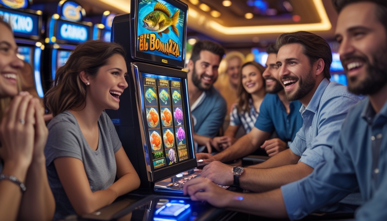 Orang-orang bermain mesin slot dengan tema ikan di dalam kasino yang terang dan ramai.