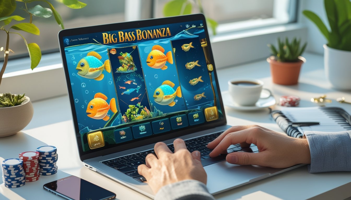 Seorang pemain sedang menggunakan laptop dengan layar menampilkan permainan slot bertema ikan, dikelilingi oleh chip poker dan aksesori permainan di meja kerja yang terang.