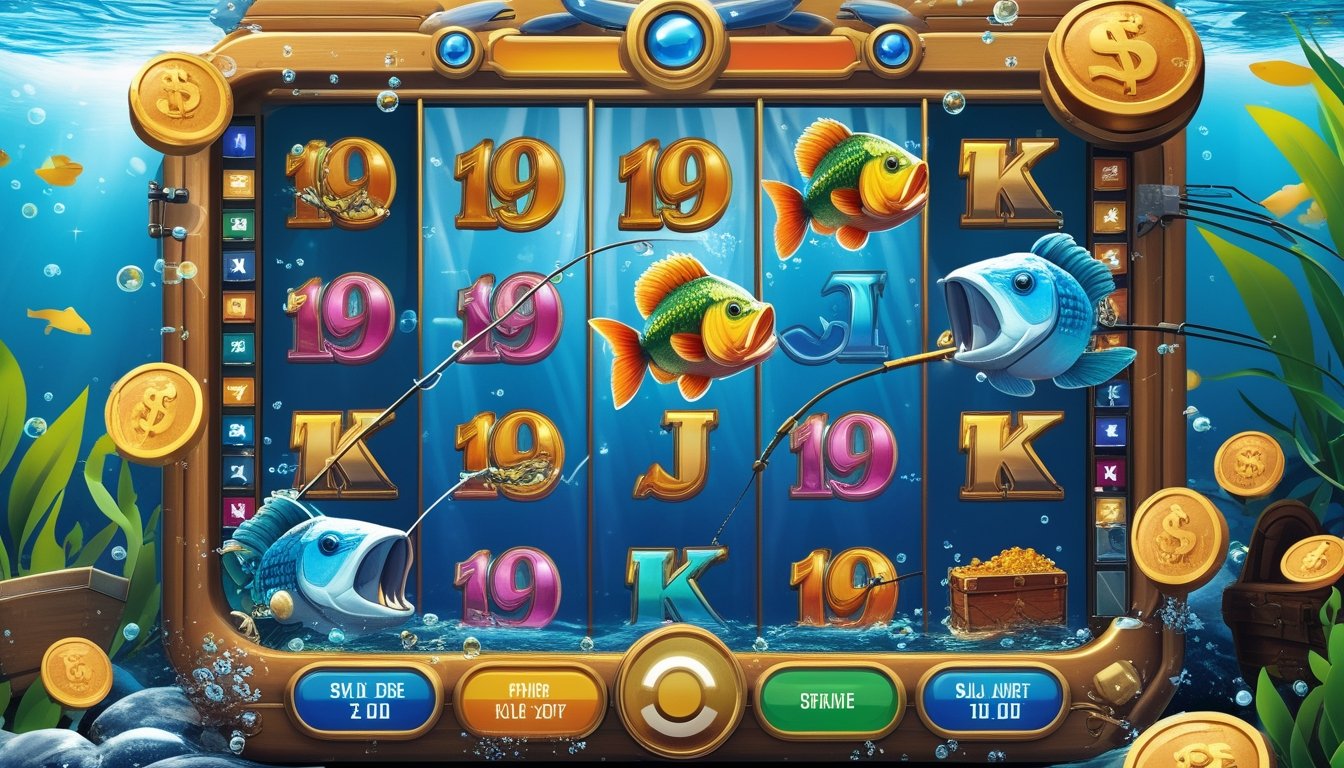 Layar mesin slot digital dengan tema memancing, menampilkan ikan bass besar dan koin emas di bawah air.