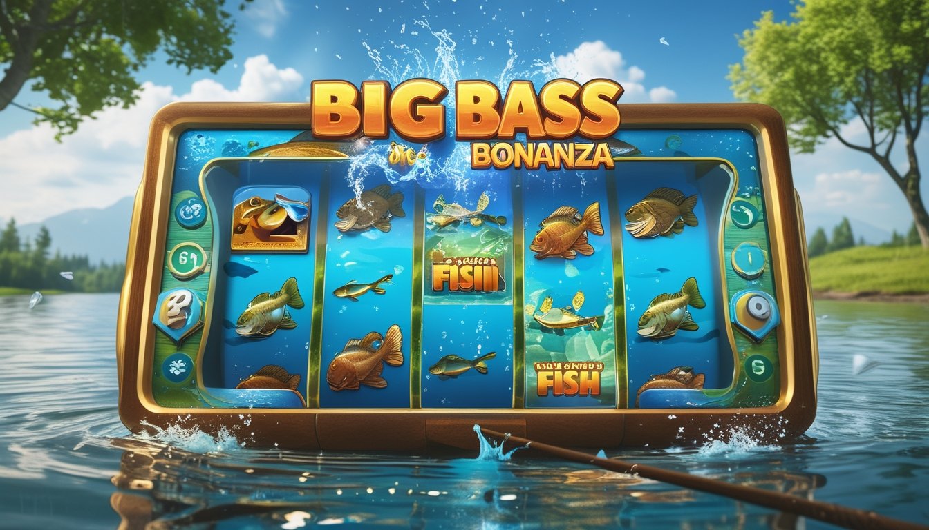 Layar permainan slot online bertema memancing dengan ikan bass besar dan latar danau cerah.