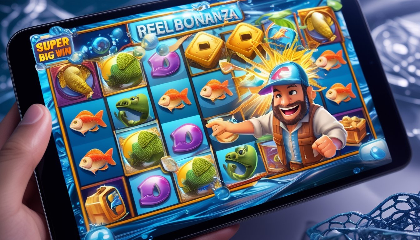 Layar mesin slot bertema memancing dengan simbol ikan bass besar, nelayan yang sedang merayakan kemenangan besar, dan latar belakang elemen air seperti gelembung dan jaring.