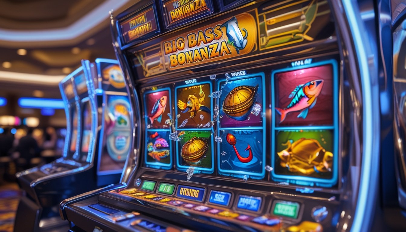 Mesin slot bertema memancing dengan gulungan warna-warni dan koin berkilauan di latar kasino modern.