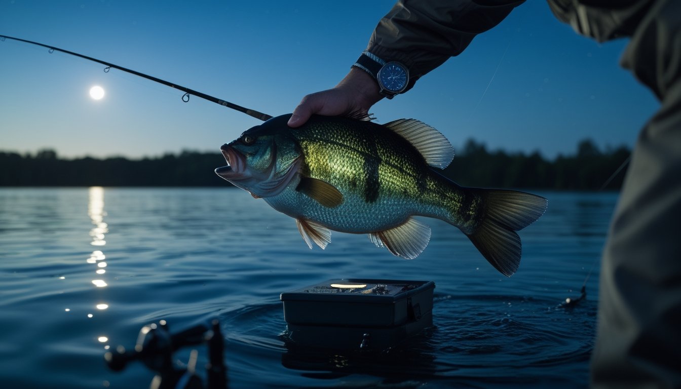 Pemandangan memancing malam hari di danau dengan ikan bass besar tertangkap di kail pancing, tangan pemancing memegang alat pancing, dan suasana tenang di bawah cahaya bulan.
