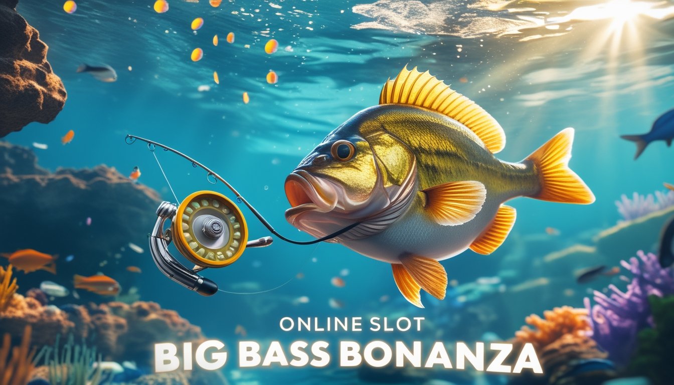 Pemandangan bawah air dengan ikan bass besar yang sedang ditangkap menggunakan joran pancing di tengah terumbu karang berwarna-warni.