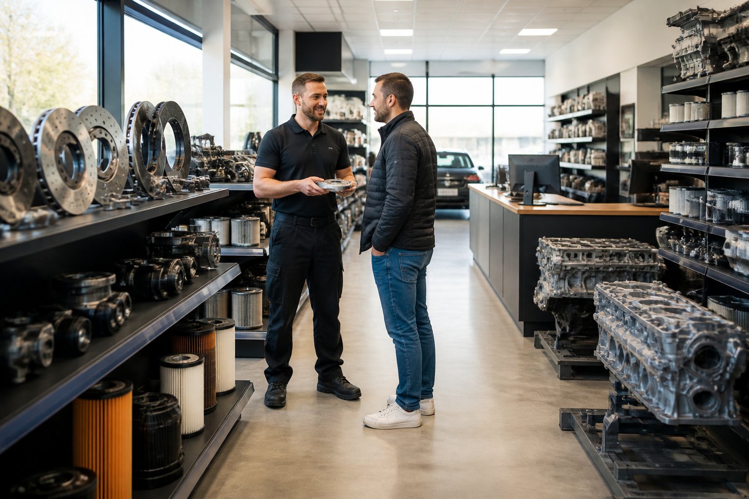 Interior of a clean automotive parts store with shelves of car parts and a sales assistant helping a customer.