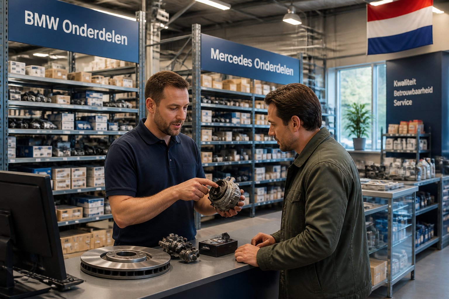 A customer and store employee in a clean automotive parts store in the Netherlands, surrounded by shelves of car parts for BMW and Mercedes vehicles.