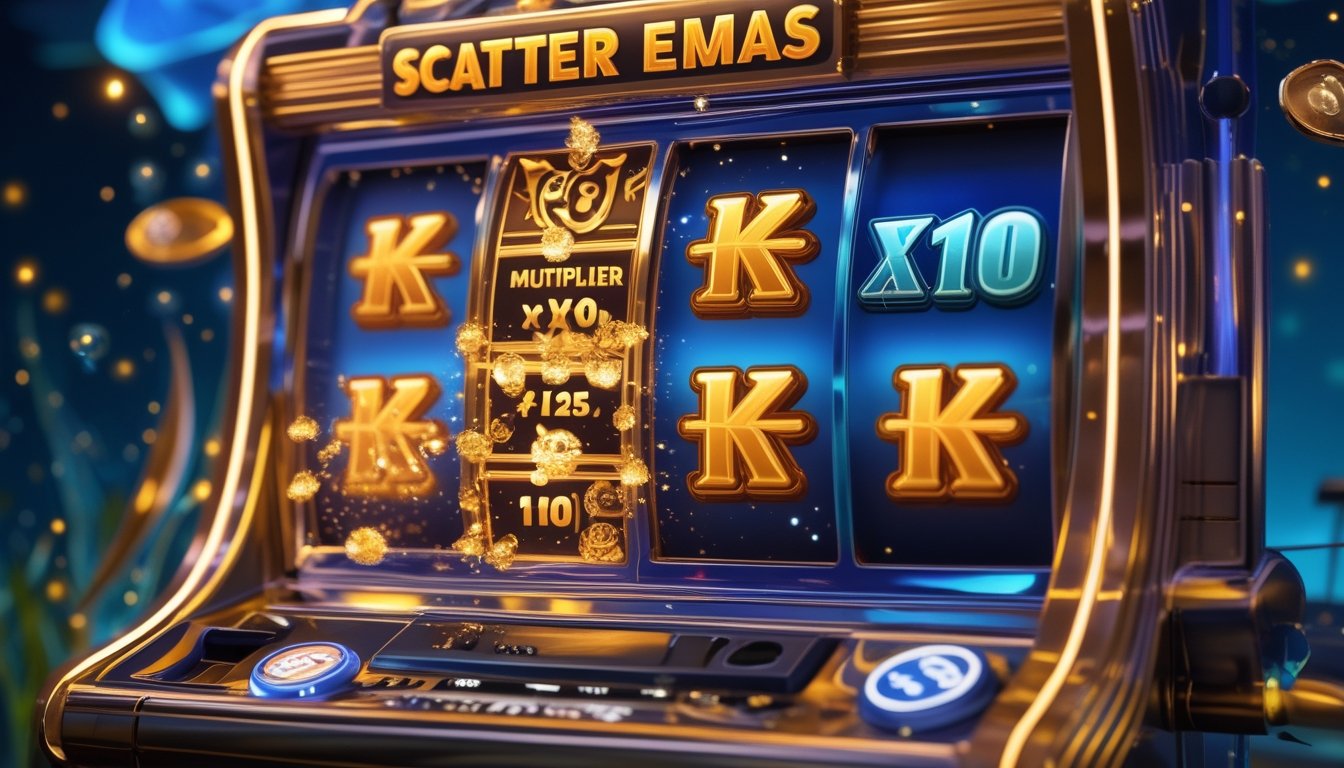 Tampilan mesin slot dengan simbol scatter emas yang bersinar dan efek pengganda x10, dengan latar belakang tema bawah laut dan alat pancing.